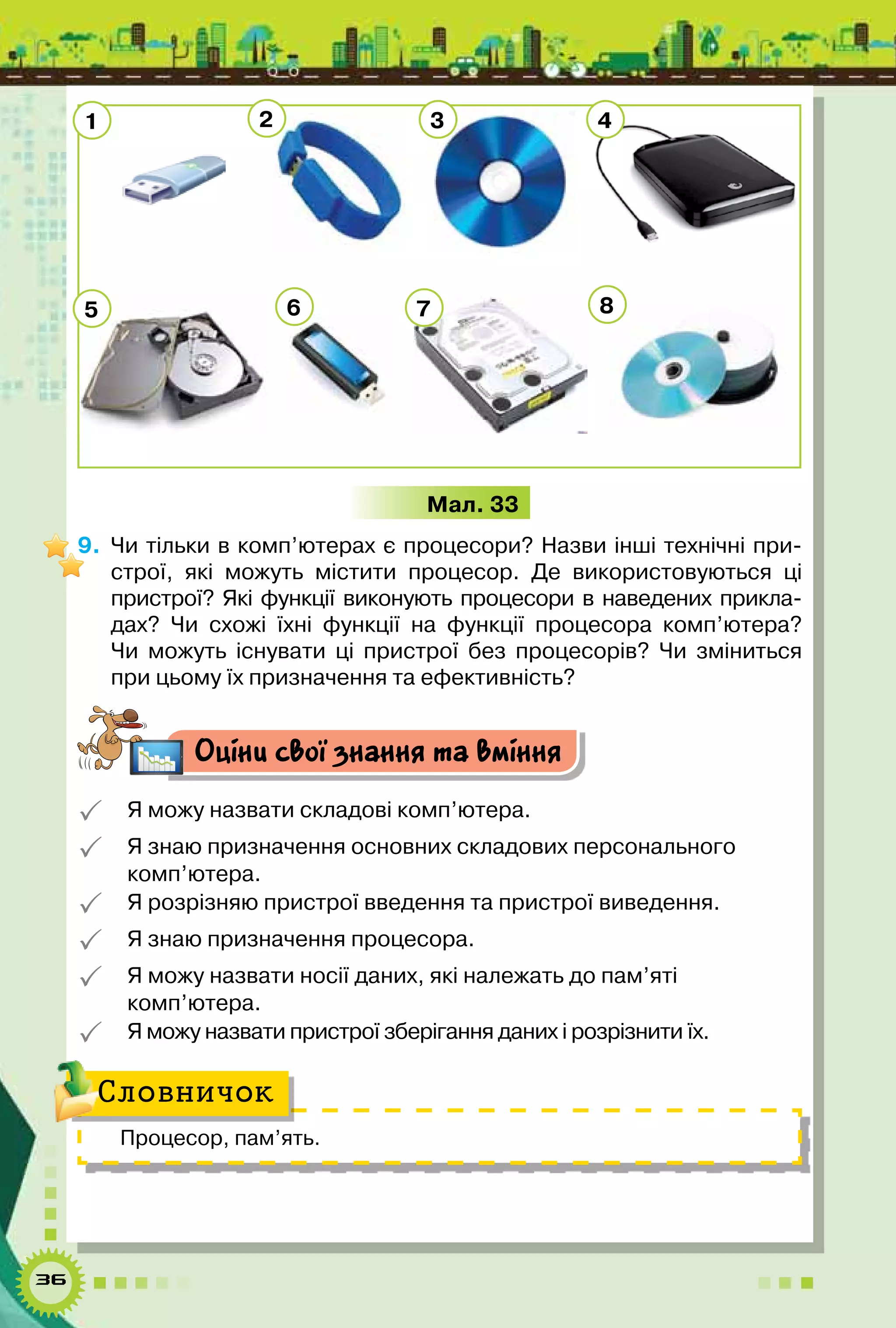 36
Мал. 33
9.	 Чи тільки в комп’ютерах є процесори? Назви інші технічні при-
строї, які можуть містити процесор. Де використовуються ці
пристрої? Які функції виконують процесори в наведених прикла­
дах? Чи схожі їхні функції на функції процесора комп’ютера?	
Чи можуть існувати ці пристрої без процесорів? Чи зміниться
при цьому їх призначення та ефективність?
Оціни свої знання та вміння
 Я можу назвати складові комп’ютера.
 Я знаю призначення основних складових персонального
комп’ютера.
 Я розрізняю пристрої введення та пристрої виведення.
 Я знаю призначення процесора.
 Я можу назвати носії даних, які належать до пам’яті
комп’ютера.
 Я можу назвати пристрої зберігання даних і розрізнити їх.
Процесор, пам’ять.
Словничок
1
5
2
6
3
7
4
8
 