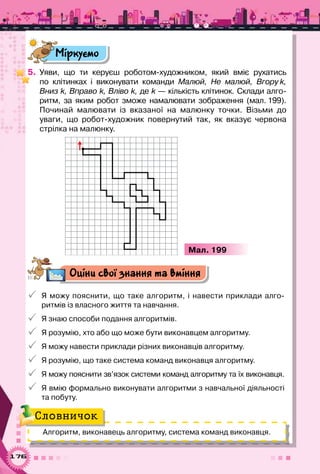 176
Міркуємо
5.	 Уяви, що ти керуєш роботом-художником, який вміє рухатись	
по клітинках і виконувати команди Малюй, Не малюй, Вгору k,
Вниз k, Вправо k, Вліво k, де k — кількість клітинок. Склади алго-
ритм, за яким робот зможе намалювати зображення (мал. 199).
Починай малювати із вказаної на малюнку точки. Візьми до	
уваги, що робот-художник повернутий так, як вказує червона	
стрілка на малюнку.
Мал. 199
Оціни свої знання та вміння
 Я можу пояснити, що таке алгоритм, і навести приклади алго-
ритмів із власного життя та навчання.
 Я знаю способи подання алгоритмів.
 Я розумію, хто або що може бути виконавцем алгоритму.
 Я можу навести приклади різних виконавців алгоритму.
 Я розумію, що таке система команд виконавця алгоритму.
 Я можу пояснити зв’язок системи команд алгоритму та їх виконавця.
 Я вмію формально виконувати алгоритми з навчальної діяльності
та побуту.
Алгоритм, виконавець алгоритму, система команд виконавця.
Словничок
 