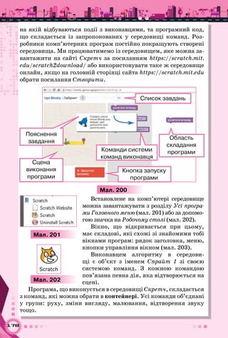178
на якій відбуваються події з виконавцями, та програмний код,
що складається із запропонованих у середовищі команд. Роз-
робники комп’ютерних програм постійно покращують створені
середовища. Ми працюватимемо із середовищем, яке можна за-
вантажити на сайті Скретч за посиланням https://scratch.mit.
edu/scratch2download/ або використовувати таке ж середовище
онлайн, якщо на головній сторінці сайта https://scratch.mit.edu
обрати посилання Створити.
Мал. 200
Команди системи
команд виконавця
Кнопка запуску
програми
Область 	
складання
програми
Список завдань
Сцена 	
виконання
програми
Пояснення 	
завдання
Встановлене на комп’ютері середовище
можна завантажувати з розділу Усі програ-
ми Головного меню (мал. 201) або за допомо-
гою значка на Робочому столі (мал. 202).
Вікно, що відкривається при цьому,
має складові, які схожі зі знайомими тобі
вікнами програм: рядок заголовка, меню,
кнопки управління вікном (мал. 203).
Виконавцем алгоритму в середови-
щі є об’єкт з іменем Спрайт 1 зі своєю
системою команд. З кожною командою
пов’язана певна дія, яка відтворюється на
сцені.
Програма, що виконується в середовищі Скретч, складається
з команд, які можна обрати в контейнері. Усі команди об’єднані
у групи: руху, зміни вигляду, малювання, відтворення звуку
тощо.
Мал. 202
Мал. 201
Scratch
 