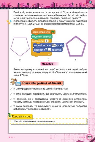 225
Поміркуй, яким командам у середовищі Скретч відповідають	
команди системи команд виконавця Художник. Які дії слід здійс­
нити, щоб у середовищі Скретч створити подібний проект?
6.	 У середовищі Скретч складено проект, у якому на сцені будується  
п’ятикутник (мал. 272, а) за складеною програмою (мал. 272, б).
5
а
а 100
а72
а б в
Мал. 272
Зміни програму в проекті так, щоб отримати на сцені зобра-
ження, повернуте знизу вгору та зі збільшеною товщиною межі  
(мал. 272, в).
Оціни свої знання та вміння
 Я можу розрізнити лінійні та циклічні алгоритми.
 Я вмію складати програми, що реалізують цикли з лічильником.
 Я розумію, як у середовищі Скретч із лінійного алгоритму,	
у якому команди повторюються, створити циклічний алгоритм.
 Я вмію складати та виконувати циклічні алгоритми побудови	
зображень у середовищі Скретч.
Цикл із лічильником, лічильник циклу.
Словничок
 