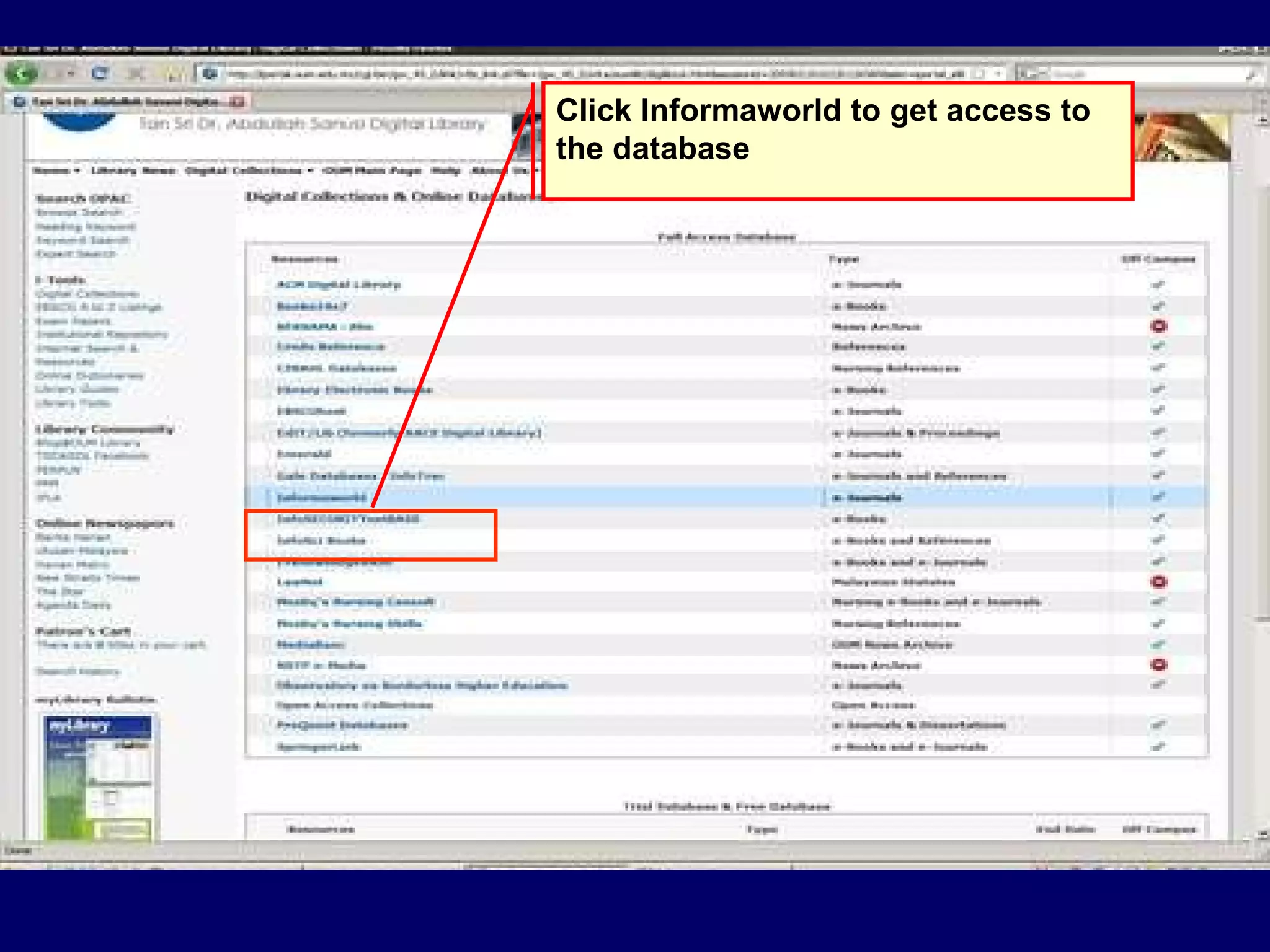 Click Informaworld to get access to the database 