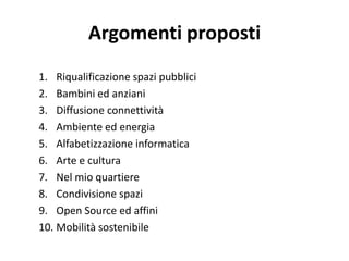 Argomenti proposti
1. Riqualificazione spazi pubblici
2. Bambini ed anziani
3. Diffusione connettività
4. Ambiente ed energia
5. Alfabetizzazione informatica
6. Arte e cultura
7. Nel mio quartiere
8. Condivisione spazi
9. Open Source ed affini
10. Mobilità sostenibile
 