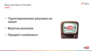 Виды рекламы в Youtube
• Таргетированная реклама на
канал
• Вшитая реклама
• Продакт-плейсмент
 