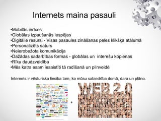 Internets maina pasauli
•Mobilās ierīces
•Globālas izpaušanās iespējas
•Digitālie resursi - Visas pasaules zināšanas peles klikšķa atālumā
•Personalizēts saturs
•Neierobežota komunikācija
•Dažādas sadarbības formas - globālas un interešu kopienas
•Rīku daudzveidība
•Mēs katrs esam iesaistīti tā radīšanā un pilnveidē
Internets ir vēsturiska lieciba tam, ko mūsu sabiedrība domā, dara un plāno.
+
 