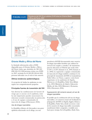 S I T UA C I Ó N D E L A E P I D E M I A M U N D I A L D E V I H   |   I N F O R M E S O B R E L A E P I D E M I A M U N D I A L D E S I DA 2 0 0 8




                                                      Prevalencia del VIH (%) en adultos (15-49 años) en Oriente Medio
                        FIGURA 2.21
                                                      y África del Norte, 2007
CAPÍTULO 2




                            Prevalencia del
                            VIH (%)
                                  1,0% – 1,5%
                                  0,5% – <1,0%
                                  0.1% – <0,5%
                                  <0,1%




                     Oriente Medio y África del Norte                                       prevalencia del VIH documentada entre usuarios
                                                                                            de drogas inyectables hombres que utilizan los
                     La limitada información sobre el VIH                                   servicios de acogida y consulta o de tratamiento
                     disponible para el Oriente Medio y África                              para las adicciones en Teherán que oscila entre
                     del Norte indica que alrededor de 380 000                              el 15% y el 23% (Zamani et al., 2005; Zamani et
                     [280 000-510 000] personas vivían con el VIH                           al., 2006). La exposición a equipos contaminados
                     en 2007, incluidas las 40 000 [20 000-66 000]                          de inyección de drogas también constituye la vía
                     personas infectadas con el virus el año anterior.                      principal de transmisión del VIH en la Jamahiriya
                                                                                            Árabe Libia y en Túnez, y aparece como factor
                     Últimas tendencias epidemiológicas
                                                                                            importante en las epidemias de Argelia,
                     A excepción de Sudán, las epidemias en esta                            Marruecos y la República Árabe Siria (Kilani
                     región son comparativamente pequeñas.                                  et al., 2003; Ministerio de Salud y Educación
                                                                                            Médica de Irán, 2005; Mimouni y Remaoun,
                     Principales fuentes de transmisión del VIH                             2006; Obermeyer, 2006).

                     Son diversas las combinaciones de factores de                          Superposición del comercio sexual y el uso de
                     riesgo que se asocian con la epidemia, entre                           drogas inyectables
                     las más importantes pueden mencionarse las
                     relaciones sexuales remuneradas sin protección                         Es posible que la combinación del uso de drogas
                     y el uso de equipos contaminados de                                    inyectables y el comercio sexual esté facilitando la
                     inyección de drogas (Obermeyer, 2006).                                 propagación del VIH en Argelia, Egipto, Líbano y
                                                                                            la República Árabe Siria, donde un tercio o más
                     Uso de drogas inyectables
                                                                                            de los usuarios de drogas inyectables encuestados
                     La República Islámica de Irán padece una grave                         manifestaron haber comprado o vendido sexo
                     epidemia relacionada con la droga, con una                             hacía poco tiempo. En la República Árabe Siria,

             60
 