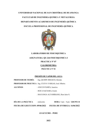 UNIVERSIDAD NACIONAL DE SAN CRISTÓBAL DE HUAMANGA
FACULTAD DE INGENIERIA QUIMICA Y METALURGIA
DEPARTAMENTO ACADEMICO DE IN...