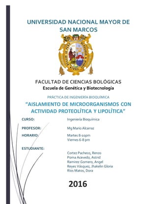 UNIVERSIDAD NACIONAL MAYOR DE
SAN MARCOS
FACULTAD DE CIENCIAS BOLÓGICAS
Escuela de Genética y Biotecnología
PRÀCTICA DE INGENIERÍA BIOQUÍMICA
CURSO: Ingeniería Bioquímica
PROFESOR: Mg Mario Alcarraz
HORARIO: Martes 8-10pm
Viernes 6-8 pm
ESTUDIANTE:
Cortez Pacheco, Renzo
Poma Acevedo, Astrid
Ramirez Gomero, Angel
Reyes Vásquez, Jhakelin Gloria
Ríos Matos, Dora
“AISLAMIENTO DE MICROORGANISMOS CON
ACTIVIDAD PROTEOLÍTICA Y LIPOLÍTICA”
2016
 