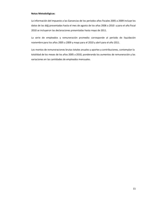Notas Metodológicas: 

La información del Impuesto a las Ganancias de los períodos años fiscales 2005 a 2009 incluye los 
datos de las ddjj presentadas hasta el mes de agosto de los años 2006 a 2010  y para el año fiscal 
2010 se incluyeron las declaraciones presentadas hasta mayo de 2011. 

La  serie  de  empleados  y  remuneración  promedio  corresponde  al  período  de  liquidación 
noviembre para los años 2005 a 2009 y mayo para el 2010 y abril para el año 2011. 

Los montos de remuneraciones brutas totales anuales y aportes y contribuciones, contemplan la 
totalidad de los meses de los años 2005 a 2010, ponderando los aumentos de remuneración y las 
variaciones en las cantidades de empleados mensuales.




                                                                                               11 
 