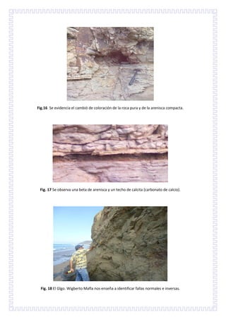 Fig.16 Se evidencia el cambió de coloración de la roca pura y de la arenisca compacta.




 Fig. 17 Se observa una beta de arenisca y un techo de calcita (carbonato de calcio).




  Fig. 18 El Glgo. Wigberto Mafla nos enseña a identificar fallas normales e inversas.
 