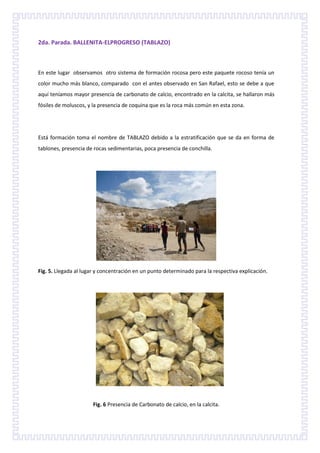 2da. Parada. BALLENITA-ELPROGRESO (TABLAZO)



En este lugar observamos otro sistema de formación rocosa pero este paquete rocoso tenía un
color mucho más blanco, comparado con el antes observado en San Rafael, esto se debe a que
aquí teníamos mayor presencia de carbonato de calcio, encontrado en la calcita, se hallaron más
fósiles de moluscos, y la presencia de coquina que es la roca más común en esta zona.




Está formación toma el nombre de TABLAZO debido a la estratificación que se da en forma de
tablones, presencia de rocas sedimentarias, poca presencia de conchilla.




Fig. 5. Llegada al lugar y concentración en un punto determinado para la respectiva explicación.




                       Fig. 6 Presencia de Carbonato de calcio, en la calcita.
 