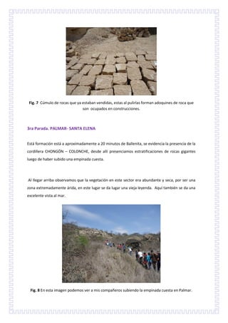 Fig. 7 Cúmulo de rocas que ya estaban vendidas, estas al pulirlas forman adoquines de roca que
                               son ocupados en construcciones.



3ra Parada. PALMAR- SANTA ELENA


Está formación está a aproximadamente a 20 minutos de Ballenita, se evidencia la presencia de la
cordillera CHONGÓN – COLONCHE, desde allí presenciamos estratificaciones de rocas gigantes
luego de haber subido una empinada cuesta.



Al llegar arriba observamos que la vegetación en este sector era abundante y seca, por ser una
zona extremadamente árida, en este lugar se da lugar una vieja leyenda. Aquí también se da una
excelente vista al mar.




 Fig. 8 En esta imagen podemos ver a mis compañeros subiendo la empinada cuesta en Palmar.
 