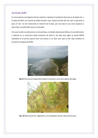 5ta Parada. OLÓN

En esta estancia nos bajamos del bus primero a apreciar la excelente vista que se da desde ahí a
la playa de Olón, en la parte de abajo del gran risco, chocan las olas del mar, por lo que poco a
poco el mar ha ido menorando el material de la base, por eso está es una zona propensa a
derrumbe, se puede decir que es vulnerable.

Al cruzar la calle nos detuvimos en otro peñasco, en donde observamos fallas en la estratificación,
y además en su estructura había presencia de Hierro y de yeso que según la escala MOHS
estudiada en el primer parcial tiene una dureza 3, es decir que raya la uña. Aquí también se
encuentra la iglesia de OLÓN.




          Fig.13 Vista hacia la playa Olón desde la carretera, cerca de la iglesia del lugar.




          Fig. 14 Observación de vegetación, y en el paquete rocoso, observamos yeso.
 