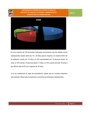 UNIVERSIDAD AUTÓNOMA DEL ESTADO DE HIDALGO
INSTITUTO DE CIENCIAS ECONÓMICO ADMINISTRATIVAS
LICENCIATURA EN ADMINISTRACIÓN
2013
E q u i p o N o . 3 Página 4
En una muestra de 100 encuestas realizadas encontramos que las edades de los
adolescentes oscilan entre los 15 y 18 años para la mayoría; en donde el 50% de
la población cuenta con 15 años; el 16% representado por 16 alumnos tienen 16
años, el 15% siendo 15 alumnos tienen 17 años, el 14% cuenta con solo 18 años y
por últimos solo el 5% son mayores de 19 años.
A la vez analizamos su lugar de procedencia; puesto que en muchas ocasiones
esto también influye para la aparición y aumento de embarazos adolescentes.
15
50%
16
16%
17
15%
18
14%
más 19
5%
Edad
 