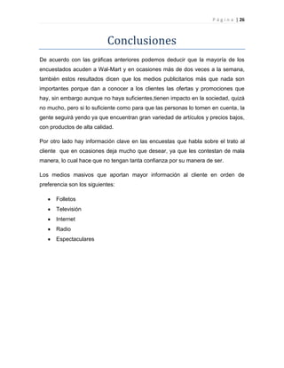 P á g i n a | 26
Conclusiones
De acuerdo con las gráficas anteriores podemos deducir que la mayoría de los
encuestados acuden a Wal-Mart y en ocasiones más de dos veces a la semana,
también estos resultados dicen que los medios publicitarios más que nada son
importantes porque dan a conocer a los clientes las ofertas y promociones que
hay, sin embargo aunque no haya suficientes,tienen impacto en la sociedad, quizá
no mucho, pero si lo suficiente como para que las personas lo tomen en cuenta, la
gente seguirá yendo ya que encuentran gran variedad de artículos y precios bajos,
con productos de alta calidad.
Por otro lado hay información clave en las encuestas que habla sobre el trato al
cliente que en ocasiones deja mucho que desear, ya que les contestan de mala
manera, lo cual hace que no tengan tanta confianza por su manera de ser.
Los medios masivos que aportan mayor información al cliente en orden de
preferencia son los siguientes:
Folletos
Televisión
Internet
Radio
Espectaculares
 