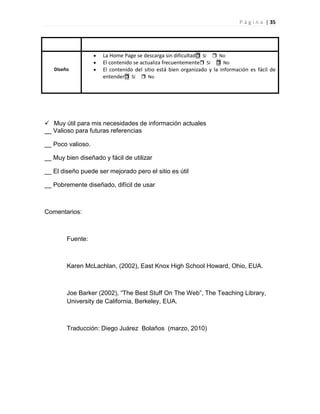 P á g i n a | 35
Diseño
La Home Page se descarga sin dificultad Sí  No
El contenido se actualiza frecuentemente Sí  No
El contenido del sitio está bien organizado y la información es fácil de
entender Sí  No
 Muy útil para mis necesidades de información actuales
__ Valioso para futuras referencias
__ Poco valioso.
__ Muy bien diseñado y fácil de utilizar
__ El diseño puede ser mejorado pero el sitio es útil
__ Pobremente diseñado, difícil de usar
Comentarios:
Fuente:
Karen McLachlan, (2002), East Knox High School Howard, Ohio, EUA.
Joe Barker (2002), “The Best Stuff On The Web”, The Teaching Library,
University de California, Berkeley, EUA.
Traducción: Diego Juárez Bolaños (marzo, 2010)
 
