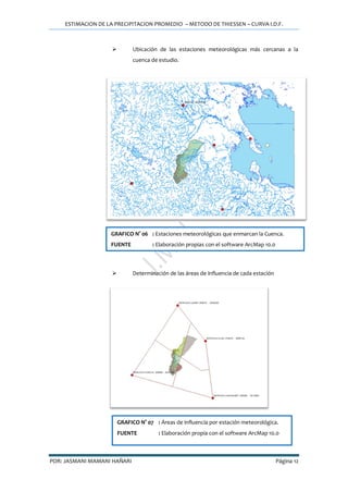 ESTIMACION DE LA PRECIPITACION PROMEDIO – METODO DE THIESSEN – CURVA I.D.F.
POR: JASMANI MAMANI HAÑARI Página 12
 Ubicación de las estaciones meteorológicas más cercanas a la
cuenca de estudio.
 Determinación de las áreas de influencia de cada estación
GRAFICO N° 06 : Estaciones meteorológicas que enmarcan la Cuenca.
FUENTE : Elaboración propias con el software ArcMap 10.0
GRAFICO N° 07 : Áreas de influencia por estación meteorológica.
FUENTE : Elaboración propia con el software ArcMap 10.0
 
