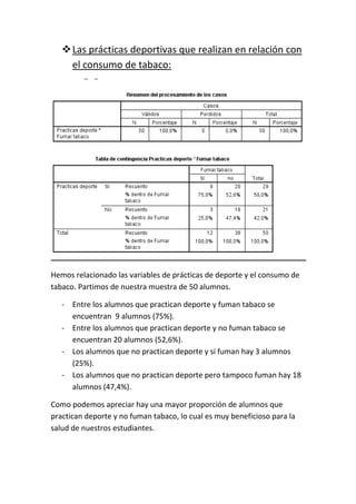Las prácticas deportivas que realizan en relación con
el consumo de tabaco:
Hemos relacionado las variables de prácticas de deporte y el consumo de
tabaco. Partimos de nuestra muestra de 50 alumnos.
- Entre los alumnos que practican deporte y fuman tabaco se
encuentran 9 alumnos (75%).
- Entre los alumnos que practican deporte y no fuman tabaco se
encuentran 20 alumnos (52,6%).
- Los alumnos que no practican deporte y sí fuman hay 3 alumnos
(25%).
- Los alumnos que no practican deporte pero tampoco fuman hay 18
alumnos (47,4%).
Como podemos apreciar hay una mayor proporción de alumnos que
practican deporte y no fuman tabaco, lo cual es muy beneficioso para la
salud de nuestros estudiantes.
 