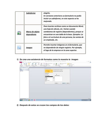 Subinforme elegirlo. 
En versiones anteriores un formulario no podía 
incluir un subinforme, en este aspecto se ha 
mejorado. 
Marco de objeto 
dependiente 
Para insertar archivos como un documento Word, 
una hoja de cálculo, etc. Varian cuando 
cambiamos de registro (dependientes), porque se 
encuentran en una tabla de la base. Ejemplos: La 
foto o el currículum de una persona, las ventas de 
un empleado, etc. 
Imagen 
Permite insertar imágenes en el formulario, que 
no dependerán de ningún registro. Por ejemplo, 
el logo de la empresa en la zona superior. 
1) Se crea una asistencia de formatos como lo muestra la imagen 
2) Después de estos se cruzan los campos de los datos: 
 