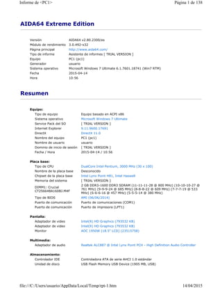 AIDA64 Extreme Edition
Versión AIDA64 v2.80.2300/es
Módulo de rendimiento 3.0.492-x32
Página principal http://www.aida64.com/
Tipo de informe Asistente de informes [ TRIAL VERSION ]
Equipo PC1 (pc1)
Generador usuario
Sistema operativo Microsoft Windows 7 Ultimate 6.1.7601.18741 (Win7 RTM)
Fecha 2015-04-14
Hora 10:56
Resumen
Equipo:
Tipo de equipo Equipo basado en ACPI x86
Sistema operativo Microsoft Windows 7 Ultimate
Service Pack del SO [ TRIAL VERSION ]
Internet Explorer 9.11.9600.17691
DirectX DirectX 11.0
Nombre del equipo PC1 (pc1)
Nombre de usuario usuario
Dominio de inicio de sesión [ TRIAL VERSION ]
Fecha / Hora 2015-04-14 / 10:56
Placa base:
Tipo de CPU DualCore Intel Pentium, 3000 MHz (30 x 100)
Nombre de la placa base Desconocido
Chipset de la placa base Intel Lynx Point H81, Intel Haswell
Memoria del sistema [ TRIAL VERSION ]
DIMM1: Crucial
CT25664BA160BJ.M4F
2 GB DDR3-1600 DDR3 SDRAM (11-11-11-28 @ 800 MHz) (10-10-10-27 @
761 MHz) (9-9-9-24 @ 685 MHz) (8-8-8-22 @ 609 MHz) (7-7-7-19 @ 533
MHz) (6-6-6-16 @ 457 MHz) (5-5-5-14 @ 380 MHz)
Tipo de BIOS AMI (06/06/2014)
Puerto de comunicación Puerto de comunicaciones (COM1)
Puerto de comunicación Puerto de impresora (LPT1)
Pantalla:
Adaptador de video Intel(R) HD Graphics (793532 KB)
Adaptador de video Intel(R) HD Graphics (793532 KB)
Monitor AOC 1950W [18.5" LCD] (23515758)
Multimedia:
Adaptador de audio Realtek ALC887 @ Intel Lynx Point PCH - High Definition Audio Controller
Almacenamiento:
Controlador IDE Controladora ATA de serie AHCI 1.0 estándar
Unidad de disco USB Flash Memory USB Device (1905 MB, USB)
Página 1 de 138Informe de <PC1>
14/04/2015file:///C:/Users/usuario/AppData/Local/Temp/rpt-1.htm
 