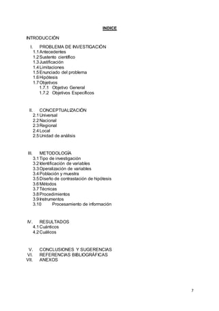 7
INDICE
INTRODUCCIÓN
I. PROBLEMA DE INVESTIGACIÓN
1.1Antecedentes
1.2Sustento científico
1.3Justificación
1.4Limitaciones
1.5Enunciado del problema
1.6Hipótesis
1.7Objetivos
1.7.1 Objetivo General
1.7.2 Objetivos Específicos
II. CONCEPTUALIZACIÓN
2.1Universal
2.2Nacional
2.3Regional
2.4Local
2.5Unidad de análisis
III. METODOLOGÍA
3.1Tipo de investigación
3.2Identificación de variables
3.3Operalización de variables
3.4Población y muestra
3.5Diseño de contrastación de hipótesis
3.6Métodos
3.7Técnicas
3.8Procedimientos
3.9Instrumentos
3.10 Procesamiento de información
IV. RESULTADOS
4.1Cuánticos
4.2Cuálicos
V. CONCLUSIONES Y SUGERENCIAS
VI. REFERENCIAS BIBLIOGRÁFICAS
VII. ANEXOS
 
