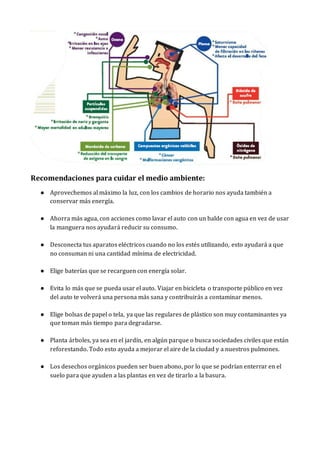 Recomendaciones para cuidar el medio ambiente:
● Aprovechemos al máximo la luz, con los cambios de horario nos ayuda también a
conservar más energía.
● Ahorra más agua, con acciones como lavar el auto con un balde con agua en vez de usar
la manguera nos ayudará reducir su consumo.
● Desconecta tus aparatos eléctricos cuando no los estés utilizando, esto ayudará a que
no consuman ni una cantidad mínima de electricidad.
● Elige baterías que se recarguen con energía solar.
● Evita lo más que se pueda usar el auto. Viajar en bicicleta o transporte público en vez
del auto te volverá una persona más sana y contribuirás a contaminar menos.
● Elige bolsas de papel o tela, ya que las regulares de plástico son muy contaminantes ya
que toman más tiempo para degradarse.
● Planta árboles, ya sea en el jardín, en algún parque o busca sociedades civiles que están
reforestando. Todo esto ayuda a mejorar el aire de la ciudad y a nuestros pulmones.
● Los desechos orgánicos pueden ser buen abono, por lo que se podrían enterrar en el
suelo para que ayuden a las plantas en vez de tirarlo a la basura.
 
