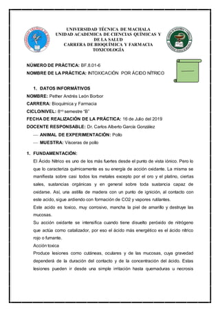 UNIVERSIDAD TÉCNICA DE MACHALA
UNIDAD ACADEMICA DE CIENCIAS QUÍMICAS Y
DE LA SALUD
CARRERA DE BIOQUÍMICA Y FARMACIA
TOXICOLOGÍA
NÚMERO DE PRÁCTICA: BF.8.01-6
NOMBRE DE LA PRÁCTICA: INTOXICACIÓN POR ÁCIDO NÍTRICO
1. DATOS INFORMÁTIVOS
NOMBRE: Pether Andrés León Borbor
CARRERA: Bioquímica y Farmacia
CICLO/NIVEL: 8vo semestre “B”
FECHA DE REALIZACIÓN DE LA PRÁCTICA: 16 de Julio del 2019
DOCENTE RESPONSABLE: Dr. Carlos Alberto García González
 ANIMAL DE EXPERIMENTACIÓN: Pollo
 MUESTRA: Vísceras de pollo
1. FUNDAMENTACIÓN:
El Ácido Nítrico es uno de los más fuertes desde el punto de vista iónico. Pero lo
que lo caracteriza químicamente es su energía de acción oxidante. La misma se
manifiesta sobre casi todos los metales excepto por el oro y el platino, ciertas
sales, sustancias orgánicas y en general sobre toda sustancia capaz de
oxidarse. Así, una astilla de madera con un punto de ignición, al contacto con
este acido, sigue ardiendo con formación de CO2 y vapores rutilantes.
Este acido es toxico, muy corrosivo, mancha la piel de amarillo y destruye las
mucosas.
Su acción oxidante se intensifica cuando tiene disuelto peróxido de nitrógeno
que actúa como catalizador, por eso el ácido más energético es el ácido nítrico
rojo o fumante.
Acción toxica
Produce lesiones como cutáneas, oculares y de las mucosas, cuya gravedad
dependerá de la duración del contacto y de la concentración del ácido. Estas
lesiones pueden ir desde una simple irritación hasta quemaduras u necrosis
 