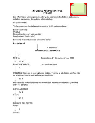 INFORMES ADMINISTRATIVOS
                                NTC 3588
Los informes se utilizan para describir y dar a conocer el estado de actividades,
estudios o proyectos de carácter administrativo.
Se clasifican en:
* Informes cortos, hasta la página número 10. El corto consta de:
Encabezamiento
Objetivo
Generalmente es un solo capítulo
Conclusiones (opcionales)
Esquema de distribución de un informe corto:
Razón Social

                                           4 interlíneas
                           INFORME DE ACTIVIDADES

        4
FECHA:                            Copacabana, 21 de septiembre de 2002
        1,5 a 2
ELABORADO POR:                    Luci Martínez Serna
         4

OBJETIVO: Explicar el nuevo plan de trabajo. Termina la tabulación y si hay más
de un reglón retorna contra el margen izquierdo.
        2a4

Inicia el texto correspondiente del informe con interlineación sencilla y el doble
entre los párrafos.

CONCLUSIONES
        2a4
Si las hay

        4,5,6

NOMBRE DEL AUTOR
Cargo
         3
Viviana A.
 