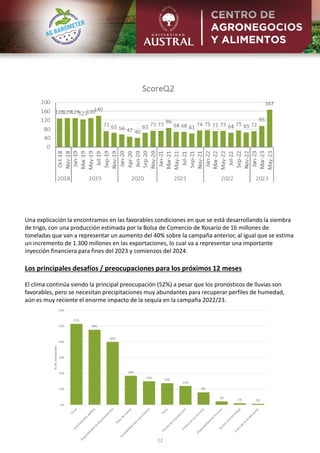 12
Una explicación la encontramos en las favorables condiciones en que se está desarrollando la siembra
de trigo, con una producción estimada por la Bolsa de Comercio de Rosario de 16 millones de
toneladas que van a representar un aumento del 40% sobre la campaña anterior, al igual que se estima
un incremento de 1.300 millones en las exportaciones, lo cual va a representar una importante
inyección financiera para fines del 2023 y comienzos del 2024.
Los principales desafíos / preocupaciones para los próximos 12 meses
El clima continúa siendo la principal preocupación (52%) a pesar que los pronósticos de lluvias son
favorables, pero se necesitan precipitaciones muy abundantes para recuperar perfiles de humedad,
aún es muy reciente el enorme impacto de la sequía en la campaña 2022/23.
 