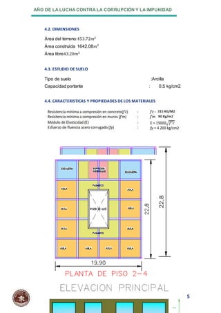 AÑO DE LA LUCHA CONTRA LA CORRUPCIÓN Y LA IMPUNIDAD
5
ANALISIS ESTRUCTURAL I – UNFV-FIC
4.2. DIMENSIONES
Área del terreno:453.72𝑚2
Área construida 1642.08𝑚2
Área libre43.20𝑚2
4.3. ESTUDIO DE SUELO
Tipo de suelo :Arcilla
Capacidad portante : 0.5 kg/cm2
4.4. CARACTERISTICAS Y PROPIEDADES DE LOS MATERIALES
 