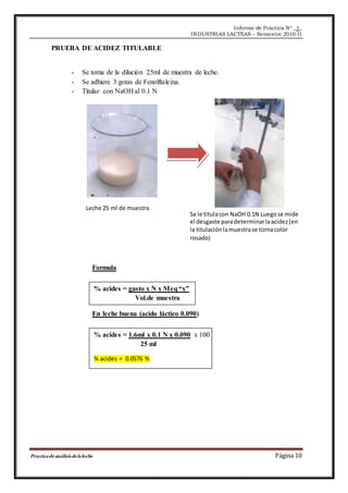 Informe de Práctica Nº _1_
INDUSTRIAS LACTEAS – Semestre 2010-II
Practicadeanálisisdelaleche Página 10
PRUEBA DE ACIDEZ TITULABLE
- Se toma de la dilución 25ml de muestra de leche.
- Se adhiere 3 gotas de Fenolftaleina.
- Titular con NaOH al 0.1 N
Formula
En leche buena (acido láctico 0.090)
Leche 25 ml de muestra
Se le titulacon NaOH 0.1N Luegose mide
el desgaste paradeterminarlaacidez(en
la titulaciónlamuestrase tornacolor
rosado)
% acides = gasto x N x Meq“x”
Vol.de muestra
% acides = 1.6ml x 0.1 N x 0.090 x 100
25 ml
% acides = 0.0576 %
 