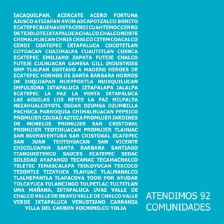ATENDIMOS 92
COMUNIDADES
IACAQUILPAN, ACERCATE ACERO FORTUNA
AJUSCO ATIZAPAN AVON AZCAPOTZALCO BONITO
ECATEPECBUENAVISTACENDICUAHTEMOCCERRO
DETEJOLOTEIXTAPALUCACHALCOCHALCONORTE
CHIMALHUACANCHRISCHALCOCITEMCOACALCO
CENDI COATEPEC IXTAPALUCA COCOTITLAN
COYOACAN CUAJIMALPA CUAUTITLAN CUENCA
ECATEPEC EMILIANO ZAPATA FUTEJE CHALCO
FUTEJE CULHUACAN GAMESA GILL INDUSTRIES
GNP TLALPAN GUSTAVO A MADERO HEROES DE
ECATEPEC HORNOS DE SANTA BARBARA HORNOS
DE ZOQUIAPAN HUEYPOXTLA HUIXQUILUCAN
IMPULSORA IXTAPALUCA IZTAPALAPA JALALPA
ECATEPEC LA PAZ LA VENTA IXTAPALUCA
LAS AGUILAS LOS REYES LA PAZ MILPALTA
NEZAHUALCOYOTL OSDAR OZUMBA OZUMBILLA
PACHUCA PARROQUIA CHIMALHUACAN PEPSICO
PROMUJER CIUDAD AZTECA PROMUJER JARDINES
DE MORELOS PROMUJER SAN CRISTOBAL
PROMUJER TEOTIHUACAN PROMUJER TLAHUAC
SAN BUENAVENTURA SAN CRISTOBAL ECATEPEC
SAN JUAN TEOTIHUACAN SAN VICENTE
CHICOLOAPAN SANTA BARBARA SANTIAGO
TIANGUISTENCO SAUCES ECATEPEC SEDAC
SOLEDAD AYAPANGO TECAMAC TECAMACHALCO
TELETEC TEMASCALAPA TEOLOYUCAN TEXCOCO
TEZONTLE TIZAYUCA TLAHUAC TLALMANALCO
TLALNEPANTLA TLAPACOYA TODO POR AYUDAR
TOLCAYUCA TULANCINGO TULPETLAC TULTITLAN
UNA MAÑANA, IXTAPALUCA UVAS VALLE DE
CHALCO VALLE DE BRAVO VALLE DE CHALCO VALLE
VERDE IXTAPALUCA VENUSTIANO CARRANZA
VILLA DEL CARBON XOCHIMILCO YOLIA
 