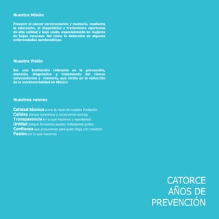 Nuestra Visión
Ser una Institución referente en la prevención,
atención, diagnóstico y tratamiento del cáncer
cervicouterino y mamario, que incida en la reducción
de la morbimortalidad en México
Nuestros valores
Calidad técnica como la razón de nuestra fundación
Calidez porque sonreímos y construimos sonrisa
Transparencia en lo que hacemos y reportamos
Unidad porque formamos equipo, trabajamos juntos
Confianza que procuramos para quien llega con nosotros
Pasión por lo que hacemos
Nuestra Misión
Prevenir el cáncer cervicouterino y mamario, mediante
la educación, el diagnóstico y tratamiento oportunos
de alta calidad y bajo costo, especialmente en mujeres
de bajos recursos. Así como la detección de algunas
enfermedades asintomáticas.
CATORCE
AÑOS DE
PREVENCIÓN
 