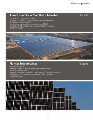 Nuestras plantas
27
Localización: Ciudad Real, España
Potencia: 2 x 50 MW (2 plantas comerciales independientes)
Tecnología: cilindroparabólica
Hogares que abastece de electricidad limpia: 52.000
Toneladas de CO2
evitadas a la atmósfera: 62.800 t. anuales
Estado:	operación
Plataforma Solar Castilla-La Mancha
Localización: España
Potencia: 12 MW (5 plantas comerciales independientes)
Tecnología: fotovoltaica
Hogares que abastece de electricidad limpia: 6.000 aproximadamente
Toneladas de CO2
evitadas a la atmósfera: 6.500 t. anuales
Estado:	operación
Plantas fotovoltaicas
España
España
 