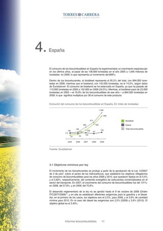 Informe biocombustibles 11
4.España
El consumo de los biocombustibles en España ha experimentado un crecimiento espectacular
en los últimos años, al pasar de las 136.000 toneladas en el año 2005 a 1,046 millones de
toneladas en 2009, lo que representa un incremento del 669%.
Dentro de los biocarburantes, el biodiésel representa el 85,5% del total, con 894.000 tone-
ladas en 2009, mientras que el bioetanol, con 152.000 toneladas, es el 14,5%, según datos
de Eurobserver. El consumo de bioetanol se ha estancado en España, ya que ha pasado de
113.000 toneladas en 2005 a 152.000 en 2009 (34,5%). Mientras, el biodiésel pasó de 23.000
toneladas en 2005 —el 16,9% de los biocombustibles de ese año— a 894.000 toneladas en
2009, lo que significa multiplicar por 38 el consumo de este producto.
Evolución del consumo de los biocombustibles en España. En miles de toneladas
Fuente: Eurobserver
2005 2006 2007 2008 2009
136
113
130
114 93
152
23 54
259
520
894
168
389
613
1.046
Biodiésel
Etanol
Total biocombustible
4.1 Objetivos mínimos por ley
El incremento de los biocarburantes se produjo a partir de la aprobación de la Ley 12/2007
de 2 de julio9
, sobre el sector de los hidrocarburos, que estableció los objetivos obligatorios
de consumo de biocombustibles para los años 2009 y 2010, que quedaron fijados en el 3,4%
y el 5,83%, respectivamente, del contenido energético de carburantes comercializados en el
sector del transporte. En 2007, el crecimiento del consumo de biocombustibles fue del 131%;
en 2008, del 57,6%, y en 2009, del 70,6%.
El desarrollo reglamentario de la ley no se aprobó hasta el 9 de octubre de 2008 (Orden
ITC/2877/2008)10
, y en ella se establecen diferentes exigencias para la gasolina y el diesel.
Así, en el primero de los casos, los objetivos son el 2,5%, para 2009, y el 3,9% de cantidad
mínima para 2010. En el caso del diesel las exigencias son 2,5% (2009) y 3,9% (2010). El
objetivo global es el 3,40%.
 