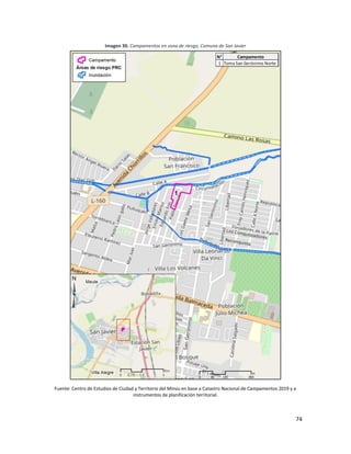 74
Imagen 30. Campamentos en zona de riesgo, Comuna de San Javier
Fuente: Centro de Estudios de Ciudad y Territorio del Minvu en base a Catastro Nacional de Campamentos 2019 y a
instrumentos de planificación territorial.
 