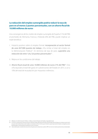 63
La reducción del empleo sumergido podría reducir la tasa de
paro en al menos 2 puntos porcentuales, con un ahorro fiscal de
10.000 millones de euros
Una convergencia de los niveles de empleo sumergido de España (11% del PIB)
al promedio de Alemania, Francia y Holanda (6% del PIB), puede implicar un
triple beneﬁcio:
i. Impacto positivo sobre el empleo formal: incorporación al sector formal
de unos 827.000 puestos de trabajo, cifra similar al total del empleo en
la Administración Pública67
. En términos de tasa de paro, supondría una
reducción de entre 1,8 y 3,6 puntos porcentuales68
.
ii. Mejora en las condiciones de trabajo.
iii. Ahorro fiscal anual de unos 10.000 millones de euros (1% del PIB)69
. Esta
cifra equivale al total del gasto en subvenciones del Estado en 2013, o un a
10% del total de recaudación por impuestos indirectos.
67 Aﬁliados en la Administración Pública y Defensa. Fuente: Ministerio de Empleo y Seguridad Social.
68 El mínimo corresponde al supuesto de que el 39% del empleo aﬂorado provendría del desempleo (porcentaje que se obtiene a partir de la
encuesta del Eurobarómetro sobre empleo no declarado, 2014), mientras que el máximo supone que todo el empleo sumergido proviene
del desempleo, manteniéndose la población activa constante.
69 Cálculo efectuado considerando el aumento de ingresos por cotizaciones sociales e IRPF así como las menores prestaciones por desempleo.
 