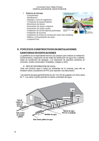 Universidad Cesar Vallejo-Chiclayo
INSTALACIONES SANITARIAS
16
▪ Sistema de drenaje.
- Campamento.
- Señalización.
- Despeje y corta de vegetación.
- Transporte de equipo/material.
- Movimiento de tierras.
- Excavación de zanja a máquina.
- Excavación de zanja a pulso.
- Instalación de red de tuberías perforadas.
- Instalación de buzones.
- Instalación de líneas de conducción hacia dren existente.
- Relleno y Compactación de zanja.
- Limpieza Final
5. PORCESOS CONSTRUCTIVOS EN INSTALACIONES
SANITARIAS EN EDIFICACIONES
La gasfitería es la especialidad técnica que prepara para realizar la instalación,
mantenimiento y reparación de las redes de distribución de agua fría y caliente,
redes de recolección de desagüe, y la colocación de aparatos sanitarios en
viviendas, locales comerciales, hospitales, colegios y otros.
❖ RED DE DISTRIBUCIÓN DE AGUA
Esta red conduce agua a todos los ambientes de la vivienda, para ello se
emplean tubos y accesorios de PVC que soportan una alta presión.
Las tuberías de agua generalmente son de 1/2 y 3/4 de pulgada y en otros casos
de 1". Los caños o grifos permiten la salida controlada del agua.
 