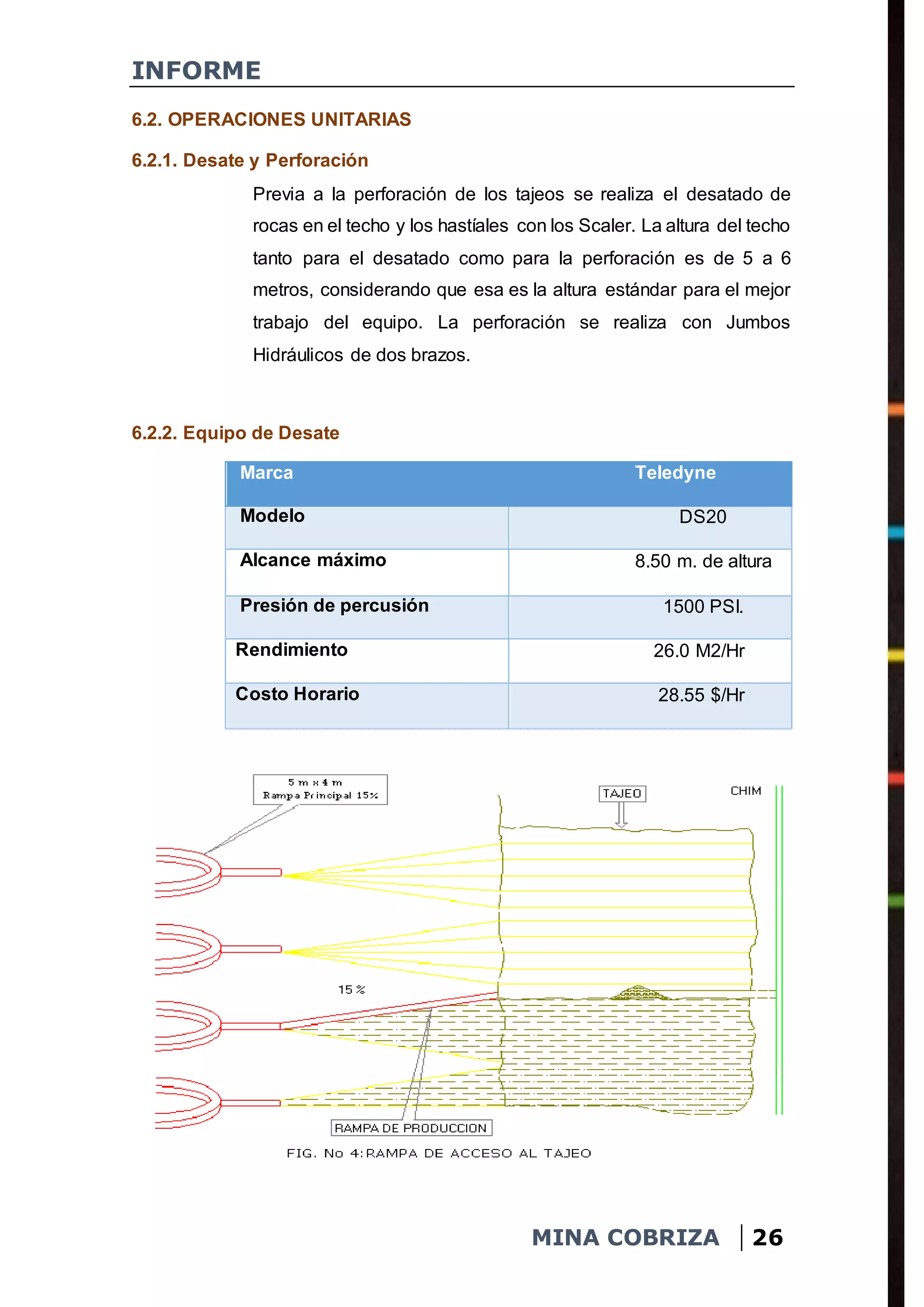 INFORME
MINA COBRIZA 26
6.2. OPERACIONES UNITARIAS
6.2.1. Desate y Perforación
Previa a la perforación de los tajeos se realiza el desatado de
rocas en el techo y los hastíales con los Scaler. La altura del techo
tanto para el desatado como para la perforación es de 5 a 6
metros, considerando que esa es la altura estándar para el mejor
trabajo del equipo. La perforación se realiza con Jumbos
Hidráulicos de dos brazos.
6.2.2. Equipo de Desate
Marca Teledyne
Modelo DS20
Alcance máximo 8.50 m. de altura
Presión de percusión 1500 PSI.
Rendimiento 26.0 M2/Hr
Costo Horario 28.55 $/Hr
 