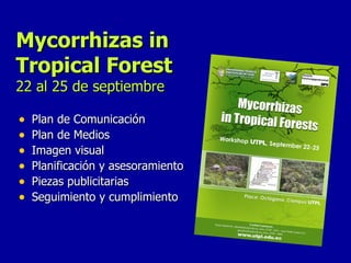 Mycorrhizas in Tropical Forest 22 al 25 de septiembre Plan de Comunicación Plan de Medios Imagen visual Planificación y asesoramiento Piezas publicitarias  Seguimiento y cumplimiento  