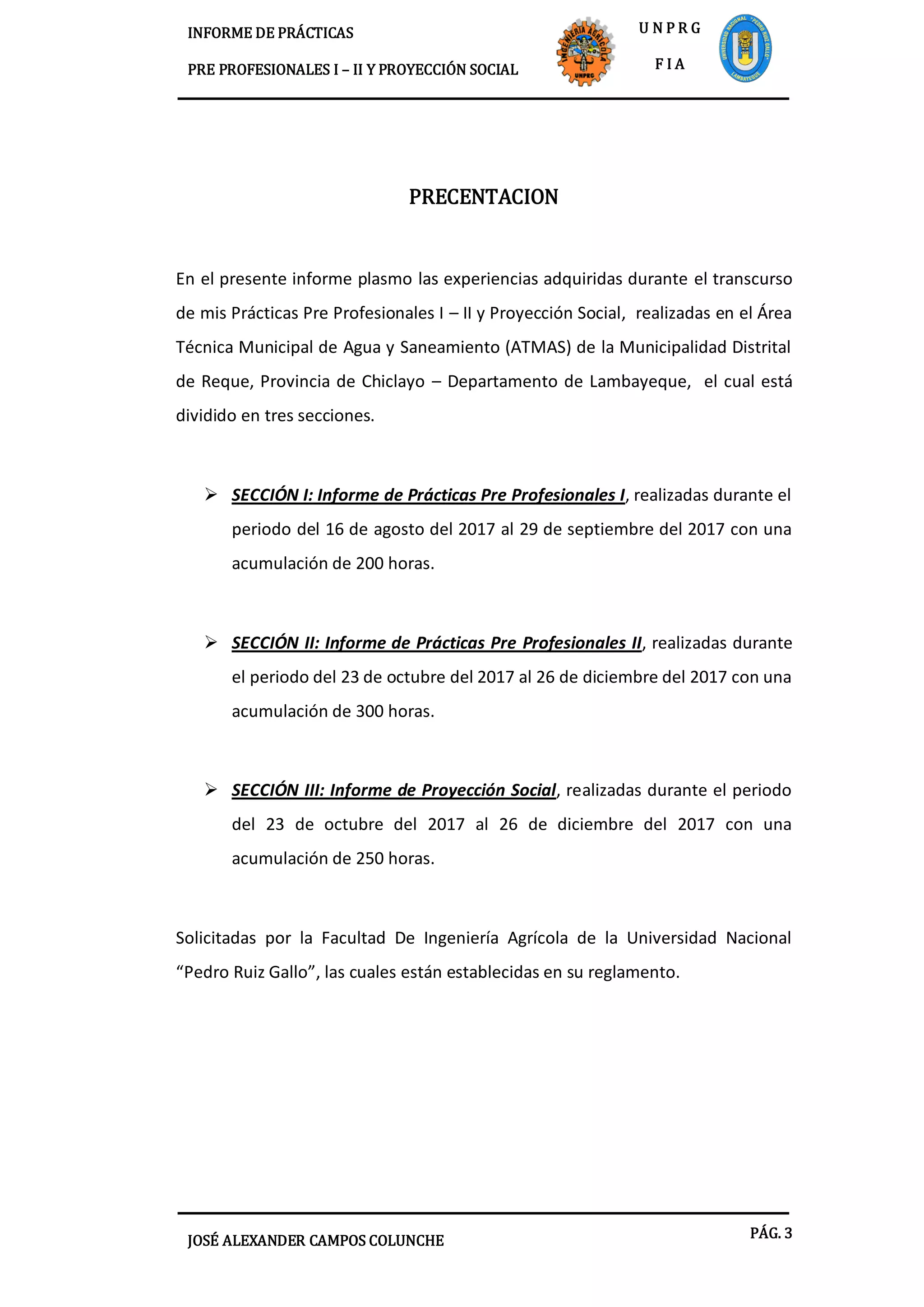 Informe Informe de Practicas Pre Profesionales y Proyección Social | PDF