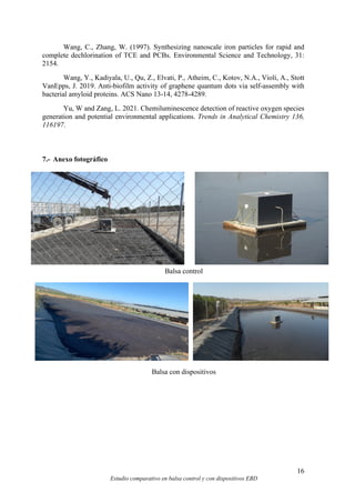 16
Estudio comparativo en balsa control y con dispositivos EBD
Wang, C., Zhang, W. (1997). Synthesizing nanoscale iron particles for rapid and
complete dechlorination of TCE and PCBs. Environmental Science and Technology, 31:
2154.
Wang, Y., Kadiyala, U., Qu, Z., Elvati, P., Atheim, C., Kotov, N.A., Violi, A., Stott
VanEpps, J. 2019. Anti-biofilm activity of graphene quantum dots via self-assembly with
bacterial amyloid proteins. ACS Nano 13-14, 4278-4289.
Yu, W and Zang, L. 2021. Chemiluminescence detection of reactive oxygen species
generation and potential environmental applications. Trends in Analytical Chemistry 136,
116197.
7.- Anexo fotográfico
Balsa control
Balsa con dispositivos
 