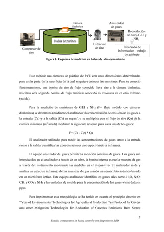 3
Estudio comparativo en balsa control y con dispositivos EBD
Figura 1. Esquema de medición en balsas de almacenamiento
Este método usa cámaras de plástico de PVC con unas dimensiones determinadas
para aislar parte de la superficie de la cual se quiere conocer las emisiones. Para su correcto
funcionamiento, una bomba de aire de flujo conocido lleva aire a la cámara dinámica,
mientras otra segunda bomba de flujo también conocido es colocada en el otro extremo
(salida).
Para la medición de emisiones de GEI y NH3 (F= flujo medido con cámaras
dinámicas) se determina (mediante el analizador) la concentración de emisión de los gases a
la entrada (Ce) y a la salida (Cs) en mg/m3
, y se multiplica por el flujo de aire (Qa) de la
cámara dinámica (m3
aire/h) mediante la siguiente relación para cada uno de los gases:
F= (Cs - Ce) * Qa
El analizador utilizado para medir las concentraciones de gases tanto a la entrada
como a la salida cuantifica las concentraciones por espectrometría infrarroja.
El equipo analizador de gases permite la medición continua de gases. Los gases son
introducidos en el analizador a través de un tubo, la bomba interna extrae la muestra de gas
a través del instrumento mostrando las medidas en el dispositivo. El analizador mide y
analiza un espectro infrarrojo de las muestras de gas usando un sensor foto acústico basado
en un micrófono óptico. Este equipo analizador identifica los gases tales como H2O, N2O,
CH4 y CO2 y NH3 y las unidades de medida para la concentración de los gases viene dada en
ppm.
Para implementar esta metodología se ha tenido en cuenta el principio descrito en
“Vera of Environmental Technologies for Agricultural Production Test Protocol for Covers
and other Mitigation Technologies for Reduction of Gaseous Emissions from Stored
Analizador
de gases
Compresor de
aire
Recopilación
de datos GEI y
NH3
Cám
ara
Balsa de purines
Cámara
dinámica
Extractor
de aire Procesado de
información –trabajo
de gabinete
 