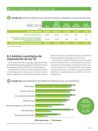 81
8 / Sector hoteles, campings y agencias de viajes
81
FIGURA 59: EQUIPAMIENTO INFORMÁTICO PRESENTE EN LAS EMPRESAS
Ordenadores
Conexión a Internet
Correo electrónico (email)
Telefonía móvil
Otras tecnologías (p.e. GPS, TPV, etc.)
Red de área local
Red de área local sin hilos
100%
87,3%
85,2%
99,9%
99,7%
84,6%
87%
69,6%
74,1%
35,7%
93,8%
60,1%
34,4%
23,2%
Fuente: ONTSI a partir de datos INE 2012. Base: total de empresas del sector.
Pyme y gran empresa Microempresa
AÑO 2012 Total
TOTAL
MICR0-
EMPRESAS
TOTAL
PEQUEÑAS
TOTAL
MEDIANAS
TOTAL
GRANDES
Total
   Total grupos CNAE2009 3.199.617 3.053.377 122.183 19.134 4.923
  55 Servicios de alojamiento 23.393 20.327 2.352 597 117
  79 Actividades de agencias de viajes, operadores
turísticos, servicios de reservas y actividades
relacionadas con los mismos
11.184 10.707 389 69 19
TOTAL HOTELES, CAMPINGS Y AGENCIAS DE VIAJE 34.577 31.034 2.741 666 136
FIGURA 58: DATOS GENERALES DEL SECTOR HOTELES, CAMPINGS Y AGENCIAS DE VIAJE
Fuente: DIRCE 2012, INE
8.2 Análisis cuantitativo de
implantación de las TIC
En el sector de hoteles, campings y agencias de viaje,
la totalidad de las pymes y grandes empresas hacen uso
del ordenador, frente al 87,3% de las microempresas.
En términos de conexión a la Red, la diferencia entre
ambos segmentos es menor que en el caso de otros
sectores, fijándose en 15 puntos porcentuales entre el
99,9% de las pymes y grandes empresas y el 85,2% de
las microempresas que disponen de Internet.
Cabe destacar también el predominio de las redes
locales cableadas frente a las inalámbricas en todos
los segmentos de empresas. El principal servicio aso-
ciado a Internet es el correo electrónico, que obtiene
una penetración de casi el 100% en pymes y grandes
empresas, y aproximadamente del 85% en las mi-
croempresas.
Red de
área local
Microempresa
34,4%
Pyme y gran empresa
93,8%
 