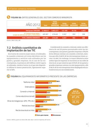 7 / Sector comercio minorista

FIGURA 50: DATOS GENERALES DEL SECTOR COMERCIO MINORISTA

Total

TOTAL
MICR0EMPRESAS

TOTAL
PEQUEÑAS

TOTAL
MEDIANAS

TOTAL
GRANDES

3.199.617

3.053.377

122.183

19.134

4.923

  47 Comercio al por menor,
excepto de vehículos de motor y motocicletas

485.987

478.460

6.567

692

268

TOTAL COMERCIO MINORISTA

485.987

478.460

6.567

692

268

AÑO 2012
Total
   Total grupos CNAE2009

Fuente: DIRCE 2012, INE

7.2 Análisis cuantitativo de
implantación de las TIC

Considerando la conexión a Internet, existe una diferencia de casi 50 puntos porcentuales entre las microempresas y las pymes y grandes empresas: el 96,9%
de las últimas cuentan con conexión a Internet, mientras que sólo el 48,5% de las microempresas tienen acceso a la Red. Sin embargo, la mayor diferencia entre
ambos tipos de empresas se encuentra en las redes de
área local, ya que mientras que el 87,2% de las pymes y
grandes empresas cuentan con este equipamiento, sólo
el 18,1% de las microempresas tiene desplegada esta infraestructura en sus instalaciones.

En el sector de comercio al por menor, el ordenador,
la conexión a Internet y el correo electrónico son los
equipamientos y servicios más utilizados por las
pymes y grandes empresas. En el caso de las microempresas, la presencia del teléfono móvil supera
al ordenador, siendo el sector en el que este dispositivo obtiene la menor penetración, ligeramente superior al 50%.

FIGURA 51: EQUIPAMIENTO INFORMÁTICO PRESENTE EN LAS EMPRESAS
Telefonía móvil
Ordenadores

96,9%

46,2%

Otras tecnologías (p.e. GPS, TPV, etc.)

Pyme y gran empresa

87,2%

18,1%

87,2%
Microempresa

64,3%

34,7%

10,3%

Red de
área local

95,9%

48,5%

Correo electrónico (email)

Red de área local sin hilos

99%

55%

Conexión a Internet

Red de área local

88,6%

55,7%

18,1%

51,7%

Pyme y gran empresa

Microempresa

Fuente: ONTSI a partir de datos INE 2012. Base: total de empresas del sector.

71

 