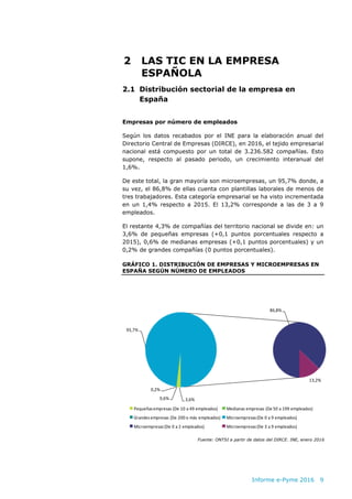 Informe e-Pyme 2016 9
2 LAS TIC EN LA EMPRESA
ESPAÑOLA
2.1 Distribución sectorial de la empresa en
España
Empresas por núm...