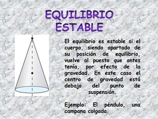 El equilibrio es estable si el
cuerpo, siendo apartado de
su posición de equilibrio,
vuelve al puesto que antes
tenía, por efecto de la
gravedad. En este caso el
centro de gravedad está
debajo      del    punto   de
          suspensión.

Ejemplo: El péndulo,      una
campana colgada.
 