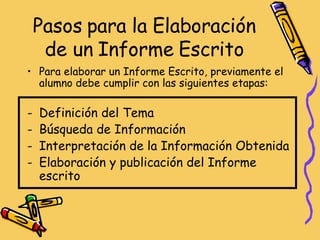 Pasos para la Elaboración de un Informe Escrito Para elaborar un Informe Escrito, previamente el alumno debe cumplir con las siguientes etapas: Definición del Tema  Búsqueda de Información Interpretación de la Información Obtenida Elaboración y publicación del Informe escrito 