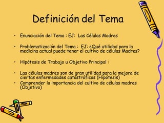 Definición del Tema  Enunciación del Tema : EJ:  Las Células Madres  Problematización del Tema :  EJ: ¿Qué utilidad para la medicina actual puede tener el cultivo de células Madres? Hipótesis de Trabajo u Objetivo Principal :  Las células madres son de gran utilidad para la mejora de ciertas enfermedades catastróficas (Hipótesis) Comprender la importancia del cultivo de células madres (Objetivo) 
