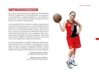 15
TABLA DE CONTENIDO
INTRODUCCIÓN
En el marco de la generación y divulgación de la información
referente al quehacer de la Universidad Libre, se presenta en
esta oportunidad a la familia Unilibrista y a la sociedad en
general una nueva edición del Boletín Estadístico 2020 de
todas sus seccionales a nivel nacional.
La Universidad Libre ha realizado un esfuerzo importante en
la sistematización de sus procesos y en la consolidación de los
datos para ser transformados y convertirlos en información y
así incurrir en la toma de decisiones oportuna. Tanto así, que
hoy se cuenta con el Sistema de Información General de la
Universidad Libre (SIGUL) el cual consolida los datos de los
Sistemas de Información Principales (Académico, Financiero,
Administrativo, Biblioteca, Recursos Virtuales, entre otros)
en una única plataforma analítica de información.
Las cifras presentadas en el Boletín Estadístico 2020 propor-
cionan información de los últimos 5 años haciendo un corte
hasta año 2020, y en la cual se presentan indicadores relacio-
nados a la oferta académica, estudiantes, docentes, personal
administrativo, grupos de investigación, entre otras categorías.
Alejandro Muñoz Astaiza
Director Nacional de Planeación
Handry Orozco Collazos
Jefe de Gestión de la Información
 