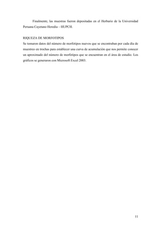 11
Finalmente, las muestras fueron depositadas en el Herbario de la Universidad
Peruana Cayetano Heredia – HUPCH.
RIQUEZA DE MORFOTIPOS
Se tomaron datos del número de morfotipos nuevos que se encontraban por cada día de
muestreo en trochas para establecer una curva de acumulación que nos permite conocer
un aproximado del número de morfotipos que se encuentran en el área de estudio. Los
gráficos se generaron con Microsoft Excel 2003.
 